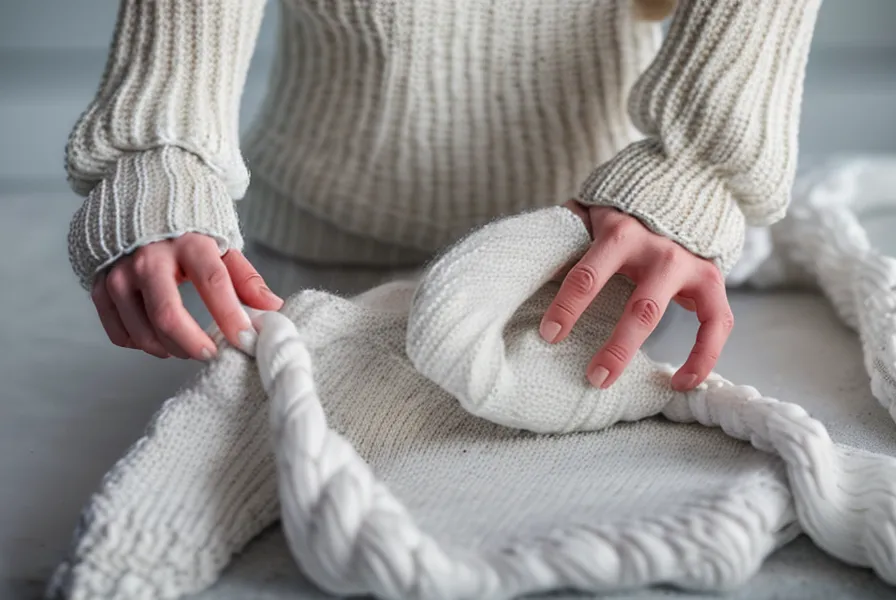 Gros plan sur des ciseaux coupant une étiquette gênante sur un pull en maille.