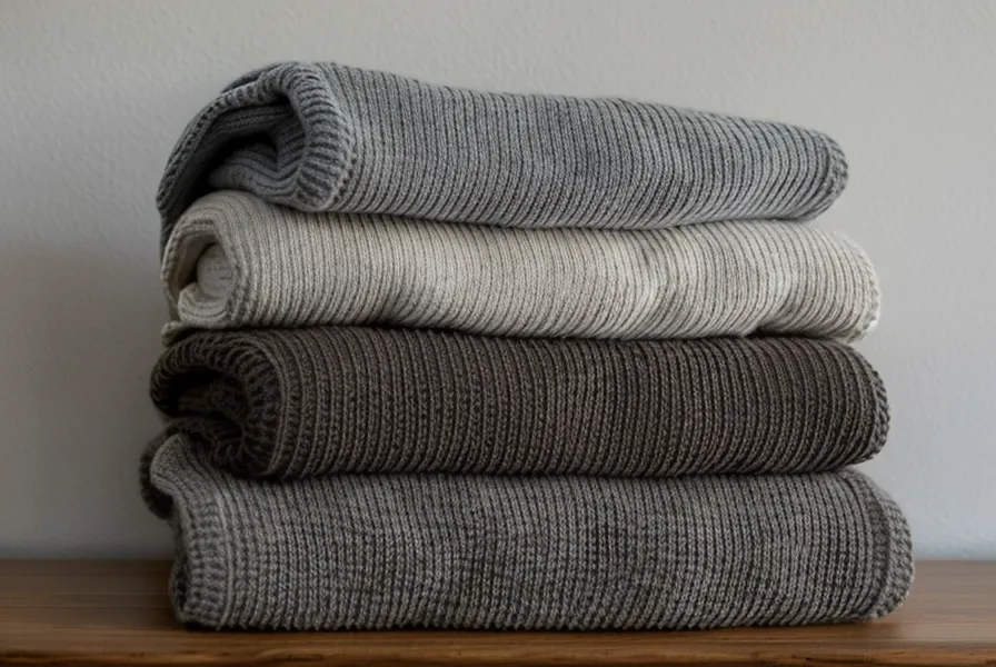 Pile de pulls en laine mérinos et coton bio sur une étagère en bois.