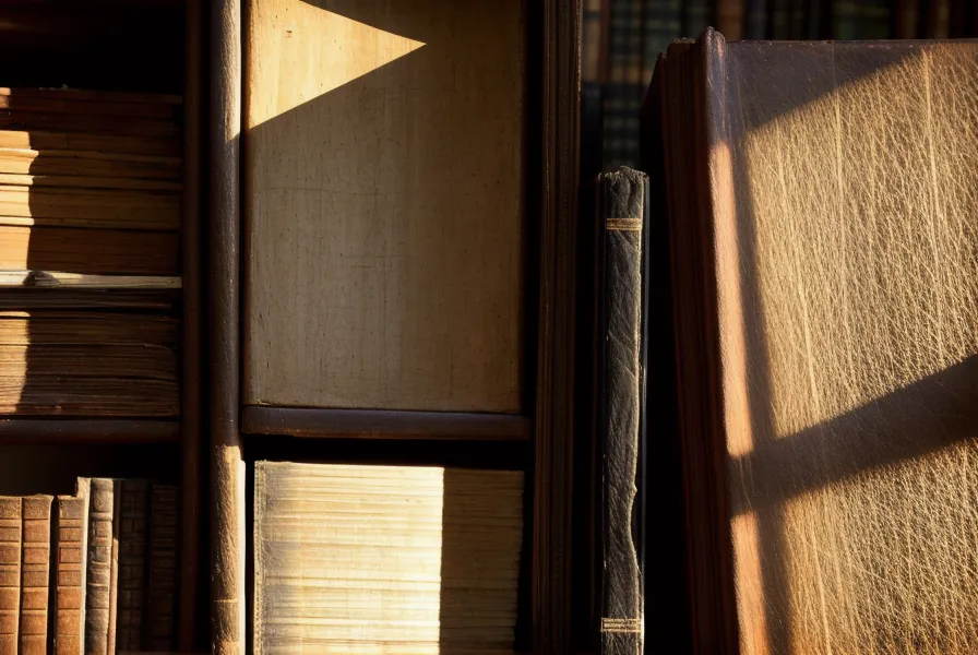 Livres anciens sur une étagère de bibliothèque sous un rayon de lumière douce